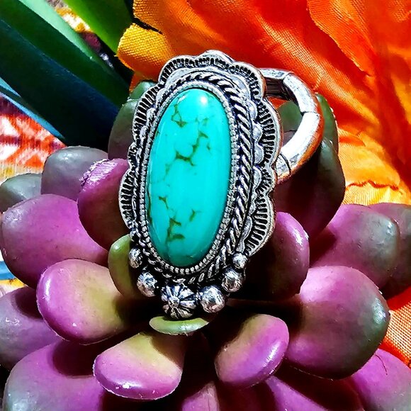 Tipi Jewelry - Ring. Southwestern-Style. Burnished Silver. Turquoise Stone. One Size Fits Most.